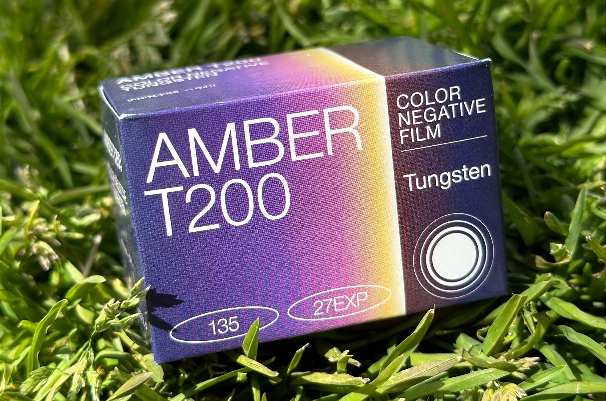 AMBER T200 Color Negative Film box for 135 format with 27 exposures, designed for tungsten lighting.