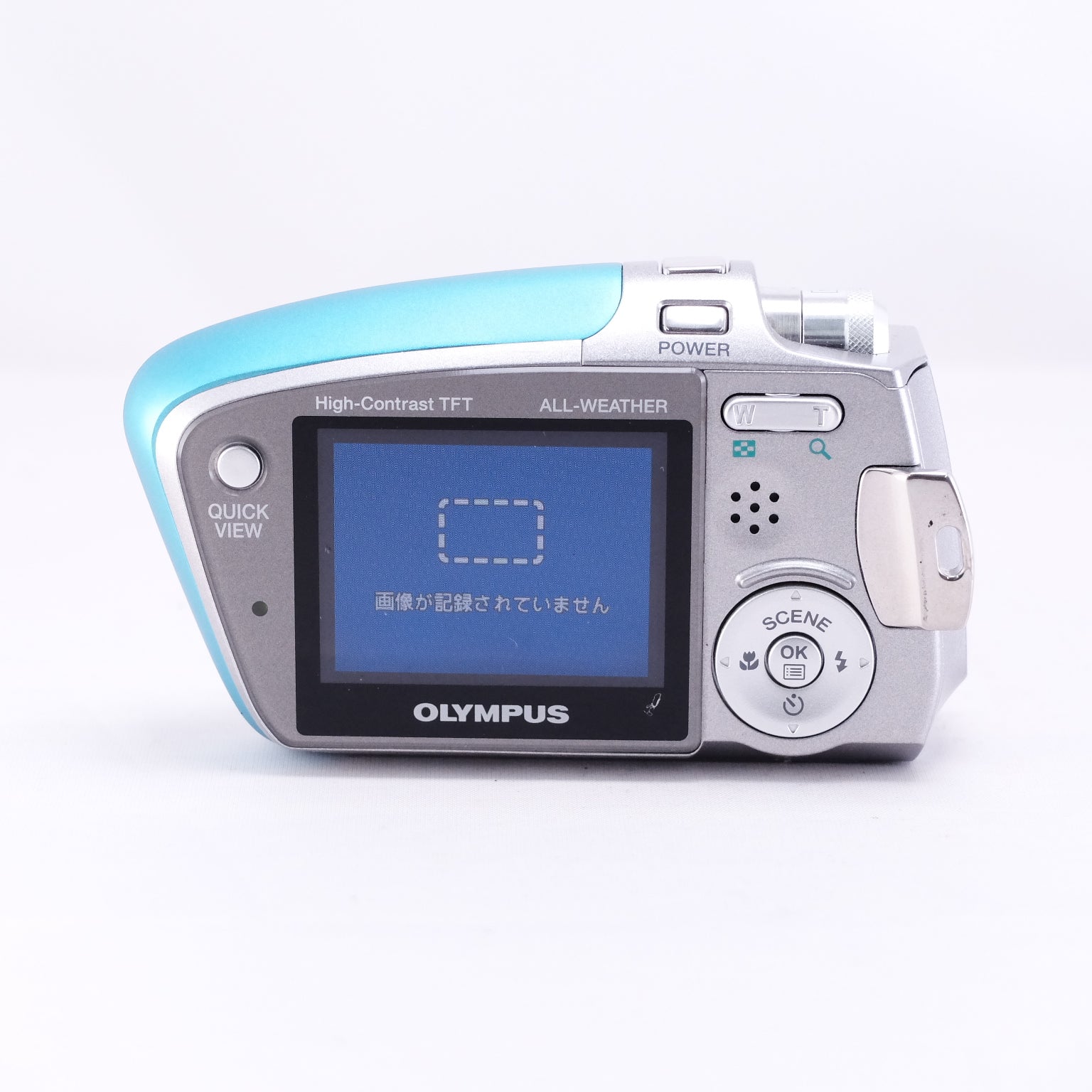 OLYMPUS μ-mini DIGITAL compact digital camera showing blue screen display.