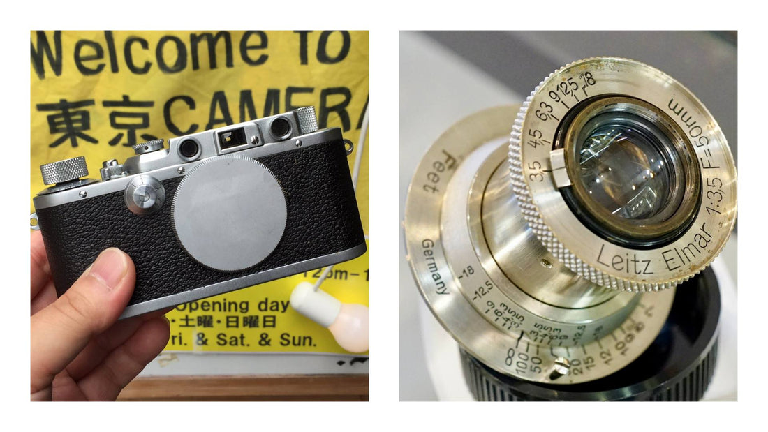 Leica Ⅲa camera alongside Leitz Elmar 50mm F3.5 lens, showcasing vintage photography gear.