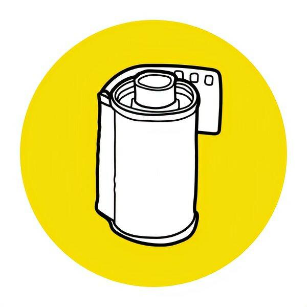 Line drawing of a 135 120 film canister on a bright yellow background, representing vintage photography.