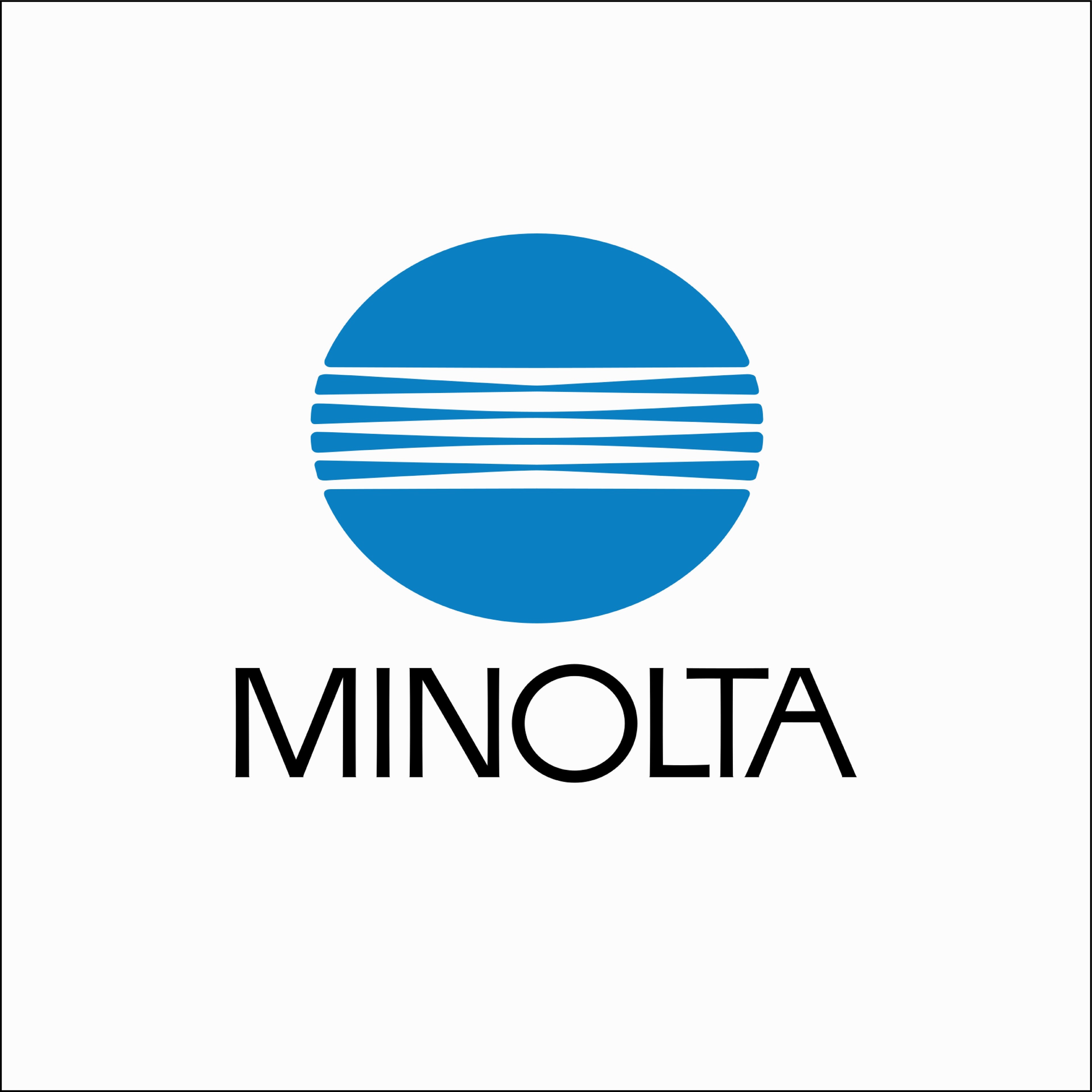 Minolta logo featuring a blue circle and horizontal stripes, representing the brand's identity.