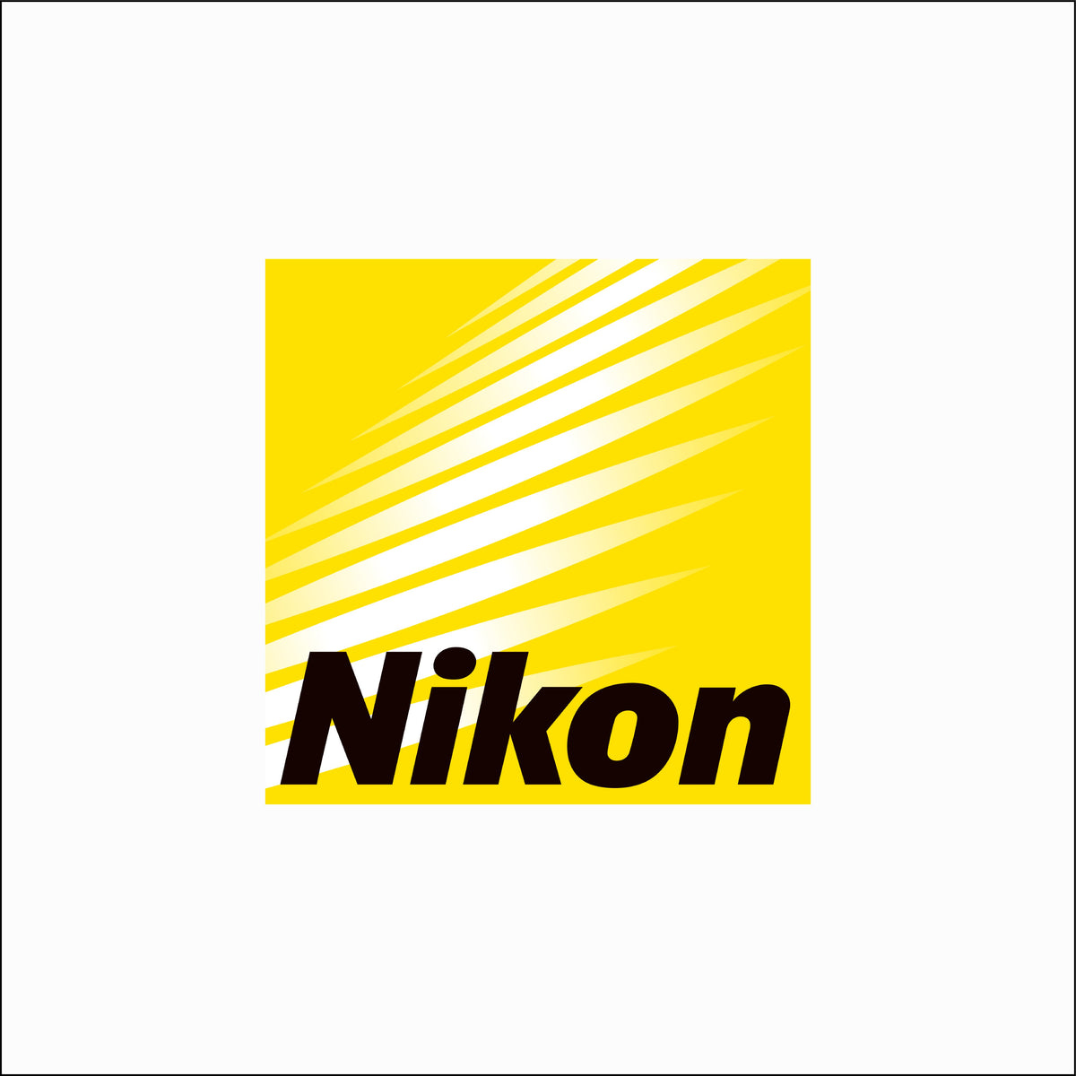 Nikon logo featuring yellow background and dynamic design, representing the brand's photography equipment.