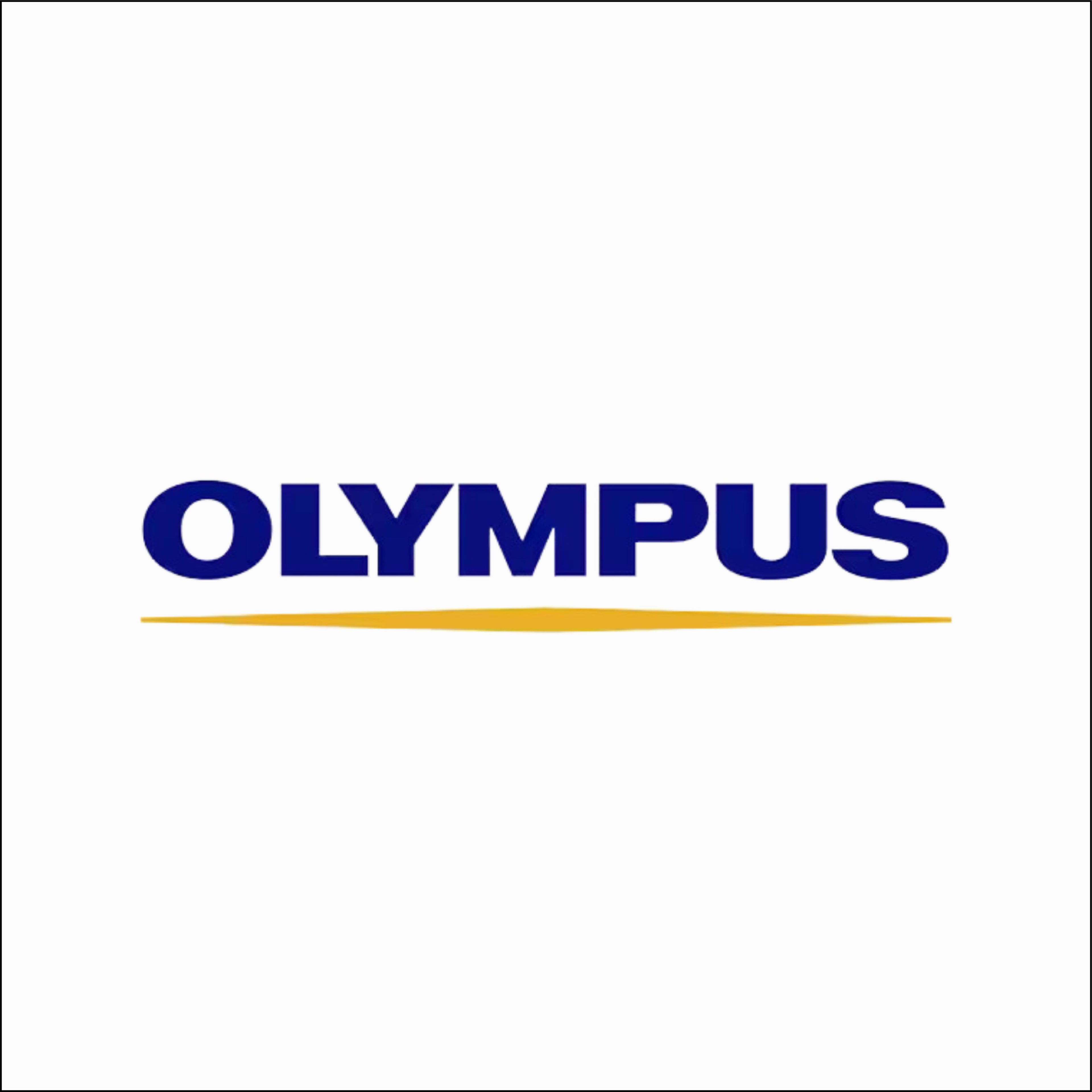 OLYMPUS logo featuring blue text with a yellow underline, representing the brand in the camera industry.